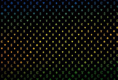 Koyu sarı, turuncu vektör desenli, kart sembollü. Oyun kartlarının izole sembollerine sahip soyut çizimler. Kumarhane reklamınız için akıllı tasarım.