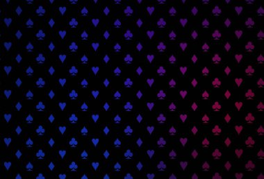 Poker sembollü koyu mavi, kırmızı vektör şablonu. Kalplerin, maça, sinek ve elmasların bulanık dekoratif tasarımı. Poker oyunları ve etkinlikler broşürleri için desen.