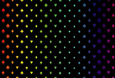 Koyu renk, gökkuşağı vektör örtüsü ve kumar sembolleri. Kupa, maça, sinek ve elmasların olduğu bir resim. Poker oyunları ve etkinlikler broşürleri için desen.