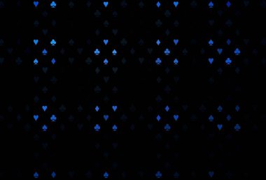 Koyu mavi kart işaretli vektör arkaplanı. Kalplerin, maça, sinek ve elmasların bulanık dekoratif tasarımı. Poker oyunları ve etkinlikler broşürleri için desen.