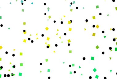 Açık yeşil, çemberli çokgen şeklinde sarı vektör deseni. Soyut tarzda dekoratif tasarım, çizgiler, noktalar, küplerle. Web siteleri için şablon kullanılabilir.