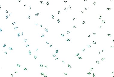 Açık Mavi, müzik sembollü yeşil vektör arkaplan. Renkli melodi sembolleri olan soyut çizimler. Festival broşürleri için desen.