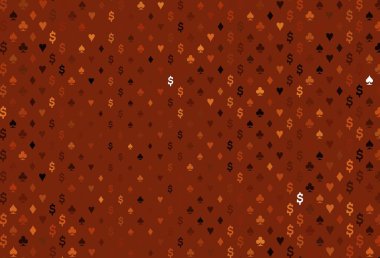 Koyu kırmızı, poker sembollü sarı vektör şablonu. Kalplerle, maça, sinek ve elmaslarla parlayan illüstrasyon. Vegas 'ta parti ilanları, etkinlikler.