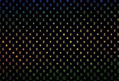 Koyu kırmızı vektör deseni ve kart sembolü. Kalplerin, maça, sinek ve elmasların işaretleriyle renkli bir değişim. Kitapçıklar, kumarhanelerin broşürleri..