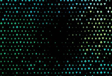 Koyu yeşil, poker sembollü sarı vektör şablonu. Kalplerin, maça, sinek ve elmasların işaretleriyle renkli bir değişim. Reklam, poster ve kumar siteleri için tasarım.