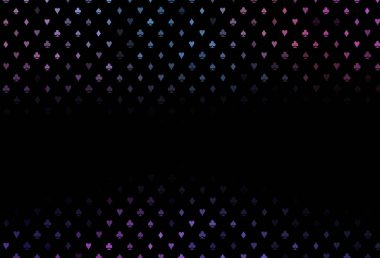 Koyu mavi, kırmızı vektör desenli, kart sembollü. Oyun kartlarının izole sembollerine sahip soyut çizimler. Kumarhane reklamınız için akıllı tasarım.