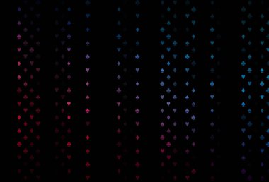 Koyu mavi, kırmızı vektör kapaklı, kumar sembollü. Kalplerin, maça, sinek ve elmasların işaretleriyle renkli bir değişim. Poker oyunları ve etkinlikler broşürleri için desen.