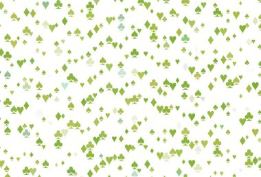 Açık yeşil, kart elementleriyle birlikte sarı vektör düzeni. Kalplerin, maça, sinek ve elmasların bulanık dekoratif tasarımı. Kitapçıklar, kumarhanelerin broşürleri..