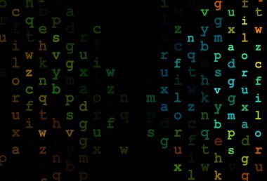 ABC sembollü koyu siyah vektör deseni. Ayrı harflerle parlayan renkli bir illüstrasyon. Kalıp okul ve dil bilgisi siteleri için kullanılabilir.