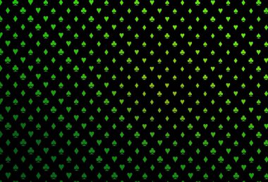 Koyu yeşil vektör arka planı ve kart işaretleri. Kupa, maça, sinek ve elmasların olduğu bir resim. Kumarhane reklamınız için akıllı tasarım.