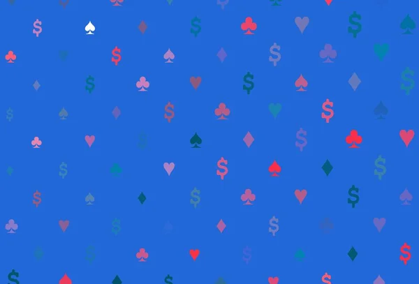 浅蓝色 红色矢量覆盖着赌博符号 模糊的装饰设计的心脏 扑克游戏 活动传单的制作模式 — 图库矢量图片
