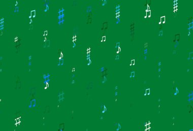 Açık Mavi, içinde notalar olan yeşil vektör arkaplanı. Soyut tarzda dekoratif tasarım ve müzik şekilleri. Duvar kağıtları için modern tasarım.