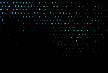 Koyu mavi, iskambil kağıtlı yeşil vektör dokusu. Renkli resimler, kalpler, maça, sinek, elmas. Vegas 'ta parti ilanları, etkinlikler.