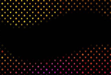 Kart sembollü koyu siyah vektör deseni. Kalplerin, maça, sinek ve elmasların bulanık dekoratif tasarımı. Reklam, poster ve kumar siteleri için tasarım.