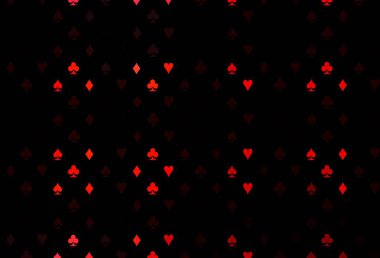 Koyu kırmızı vektör deseni ve kart sembolü. Kalplerin, maça, sinek ve elmasların bulanık dekoratif tasarımı. Vegas 'ta parti ilanları, etkinlikler.