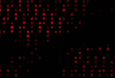 Koyu kırmızı vektör arka planı ve kart işaretleri. Kalplerin, maça, sinek ve elmasların işaretleriyle renkli bir değişim. Kitapçıklar, kumarhanelerin broşürleri..