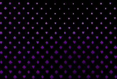 Kumarın sembolleriyle kaplanmış koyu mor bir vektör. Kalplerle, maça, sinek ve elmaslarla parlayan illüstrasyon. Kumarhane reklamınız için akıllı tasarım.