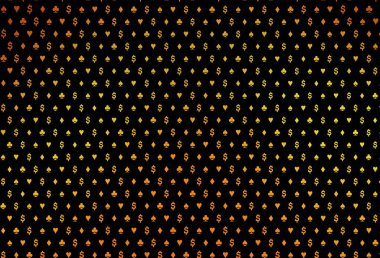 Koyu turuncu vektör dokusu ve iskambil kartları. Renkli resimler, kalpler, maça, sinek, elmas. Kumarhane reklamınız için akıllı tasarım.