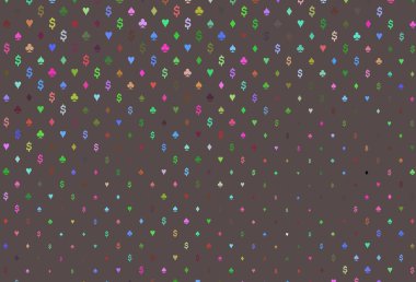 Açık renk, gökkuşağı vektör düzeni ve kart elemanları. Kupa, maça, sinek ve elmasların olduğu bir resim. Kumarhanelerin kartvizitleri için şablon.