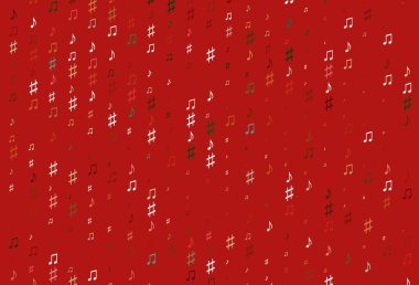 Açık yeşil, müzik sembollü kırmızı vektör arkaplan. Renkli melodi sembolleri olan soyut çizimler. Okul ilanı, kitapçıklar için şablon.