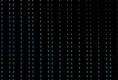 EUR, USD, GBP, JPY ile koyu mavi vektör kapağı. Renkli dijital sembollü soyut illüstrasyon. Ekonomi ve zenginlik reklamınız için akıllıca bir tasarım..