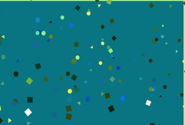 Açık mavi, sarı vektör dokusunda daireler ve küplerle. Daireler, çizgiler, rengarenk eşkenar dörtgenler. Web siteleri için şablon kullanılabilir.