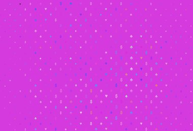 Açık pembe, kart elementleriyle birlikte mavi vektör düzeni. Oyun kartlarının izole sembollerine sahip soyut çizimler. Poker oyunları ve etkinlikler broşürleri için desen.