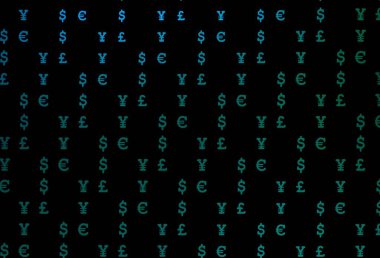 Koyu mavi, yeşil vektör şablonu EUR, USD, GBP, JPY ile. Beyaz arka planda tüm para birimlerinin renkli sembolleri. Kalıp, reklam, broşür ve banka broşürleri için kullanılabilir.