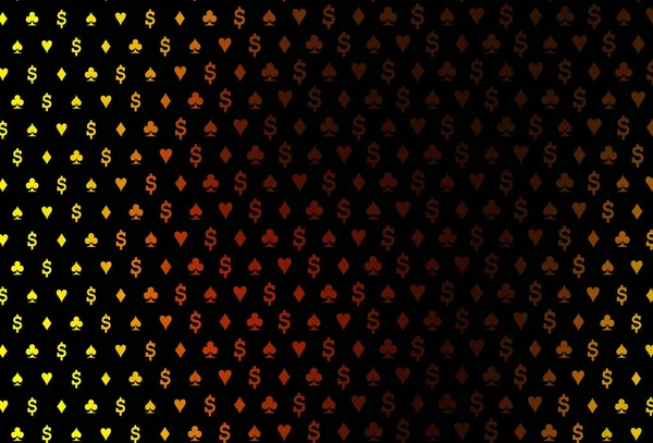 カードのシンボルを持つ濃い黄色 オレンジ色のベクトルパターン ハート スペード クラブ ダイヤモンドのカラーイラスト パーティーの広告 ラスベガスでのイベントのパターン — ストックベクタ