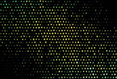 Koyu yeşil, kart işaretli sarı vektör arkaplan. Kalplerin, maça, sinek ve elmasların bulanık dekoratif tasarımı. Poker oyunları ve etkinlikler broşürleri için desen.