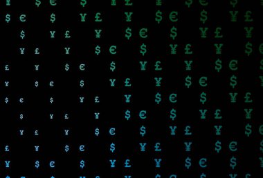 Koyu mavi, yeşil vektör arka planı EUR, USD, GBP, JPY. Renkli dijital sembollü soyut illüstrasyon. Bu model finansal ve yatırım web siteleri için kullanılabilir.