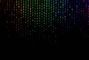 Dark Multicolor, Gökkuşağı vektör şablonu dolar, USD, ABD. Renkli dijital sembollü soyut illüstrasyon. Reklamınız, posteriniz, afişiniz için en iyi tasarım..