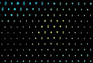 Koyu mavi, iskambil kağıtlı sarı vektör dokusu. Kalplerle, maça, sinek ve elmaslarla parlayan illüstrasyon. Kumarhane reklamınız için akıllı tasarım.