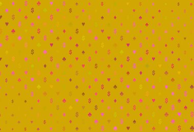 Açık kırmızı, kart sembollü sarı vektör deseni. Kalplerle, maça, sinek ve elmaslarla parlayan illüstrasyon. Poker oyunları ve etkinlikler broşürleri için desen.