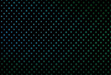 Koyu mavi, içinde poker sembolleri olan yeşil vektör şablonu. Kupa, maça, sinek ve elmasların olduğu bir resim. Kitapçıklar, kumarhanelerin broşürleri..