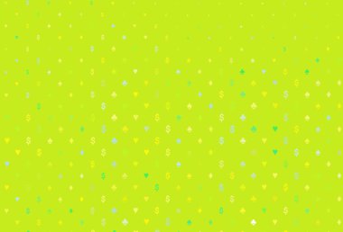 Açık yeşil, üzerinde kumar sembolleri olan sarı vektör kapağı. Kalplerle, maça, sinek ve elmaslarla parlayan illüstrasyon. Poker oyunları ve etkinlikler broşürleri için desen.