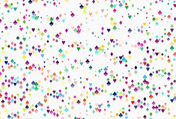 ライトマルチカラー カードのシンボルとレインボーベクトルパターン ハート スペード クラブ ダイヤモンドで輝くイラスト ポーカーゲーム イベントのチラシのパターン — ストックベクタ