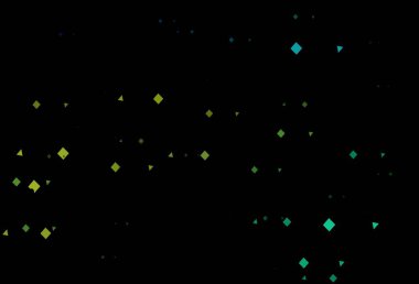 Koyu mavi, sarı vektör arka plan, üçgenler, daireler, küpler. Çemberler, üçgenler ve küplerle soyut gradyan çizimi. Reklamlar için desen.