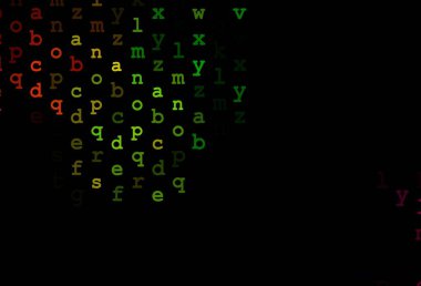 Koyu renk, ABC sembollü gökkuşağı vektör deseni. Soyut şablon üzerinde ABC sembolleriyle parlayan illüstrasyon. Reklamınız, posteriniz ve üniversite afişleriniz için en iyi tasarım..