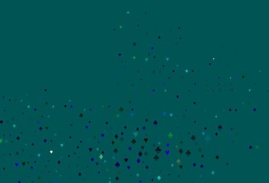 Açık Çokrenkli, kart işaretli Gökkuşağı vektör arkaplanı. Renkli resimler, kalpler, maça, sinek, elmas. Kumarhanelerin kartvizitleri için şablon.