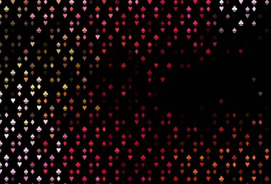Koyu kırmızı, iskambil kağıtlı sarı vektör dokusu. Kalplerle, maça, sinek ve elmaslarla parlayan illüstrasyon. Poker oyunları ve etkinlikler broşürleri için desen.