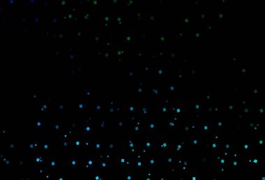 Koyu mavi, yeşil vektör arka plan, üçgenler, daireler, küpler. Renkli noktaları, çizgileri, küpleri olan soyut çizimler. İş ilanınız için akıllı tasarım.