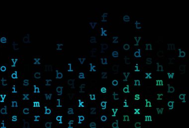 Koyu mavi, latin alfabesi olan yeşil vektör düzeni. Ayrı harflerle parlayan renkli bir illüstrasyon. Bu desen kitaplar için reklam, poster ve afiş olarak kullanılabilir..