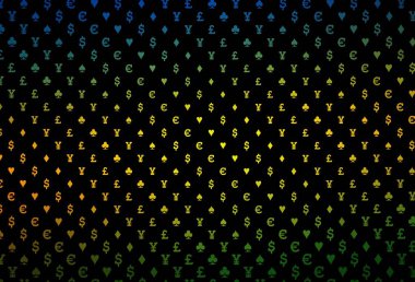 Koyu renkli, gökkuşağı vektör desenli, kart sembollü. Kalplerle, maça, sinek ve elmaslarla parlayan illüstrasyon. Kitapçıklar, kumarhanelerin broşürleri..