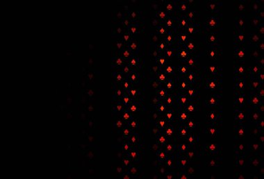 Poker sembollü koyu kırmızı vektör şablonu. Kalplerin, maça, sinek ve elmasların işaretleriyle renkli bir değişim. Vegas 'ta parti ilanları, etkinlikler.