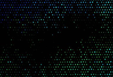 Koyu mavi, kumar sembollü sarı vektör örtüsü. Kalplerle, maça, sinek ve elmaslarla parlayan illüstrasyon. Kumarhane reklamınız için akıllı tasarım.