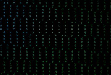 Koyu mavi, izole edilmiş harflerle yeşil vektör şablonu. ABC İngilizce sembollü modern geometrik çizim. Üniversite reklamınız için akıllıca bir tasarım..