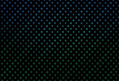 Koyu mavi, içinde poker sembolleri olan yeşil vektör şablonu. Kalplerin, maça, sinek ve elmasların işaretleriyle renkli bir değişim. Kumarhane reklamınız için akıllı tasarım.