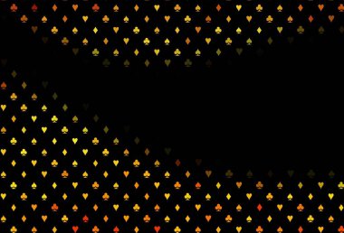 Poker sembollü koyu turuncu vektör şablonu. Kalplerin, maça, sinek ve elmasların işaretleriyle renkli bir değişim. Kumarhanelerin kartvizitleri için şablon.
