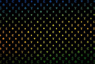 Dark orange vector background with cards signs. Colorful gradient with signs of hearts, spades, clubs, diamonds. Pattern for ads of parties, events in Vegas.